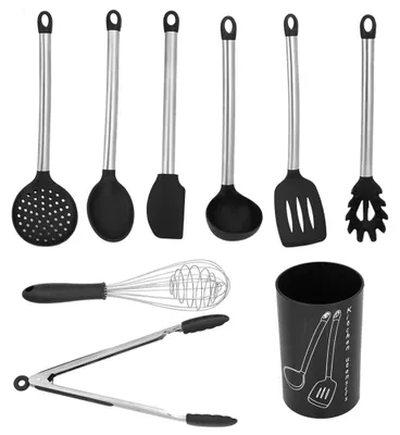 Produktbild von 9-teiliges Silikon-Kochgeschirr-Set mit Edelstahlgriffen, antihaftbeschichtet