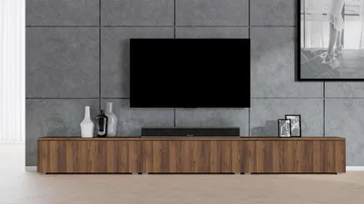 Image de AX LIVING Meuble TV bas moderne Loriano 300 cm, modèle sur pied, en noyer Warmia