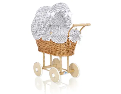 Produktbild von My Sweet Baby Puppenwagen aus Natur mit grauer Bettwäsche und Holzrädern