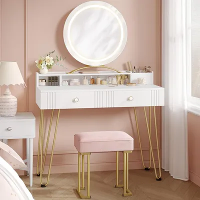 Immagine prodotto di Tavolino da trucco con sgabello - Specchiera da trucco - Arredamento per la camera da letto - Illuminazione LED regolabile - 90 x 40 x 140 cm