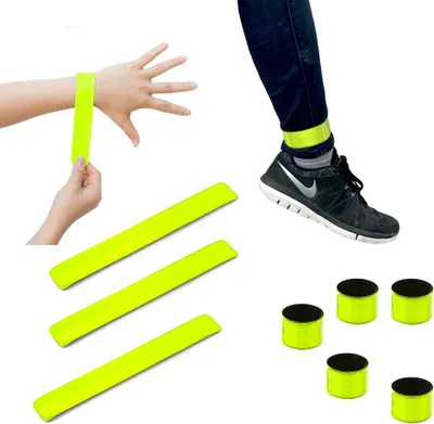 A collage of reflective bands being worn on a wrist and ankle, and also shown laid out and as small rolls.