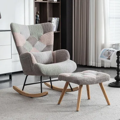 Produktbild von Abrihome Schaukelstuhl Teddyplüsch Schaukelsessel mit Fußstütze und Lendenkissen, Bunt Swingsessel