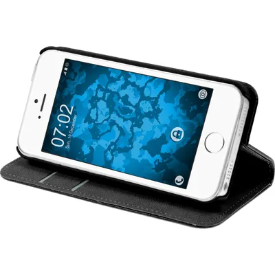 Produktbild von PhoneNatic Kunst-Lederhülle kompatibel mit Apple iPhone SE 2016 (1.Gen) - Book-Case schwarz + 2 Schutzfolien