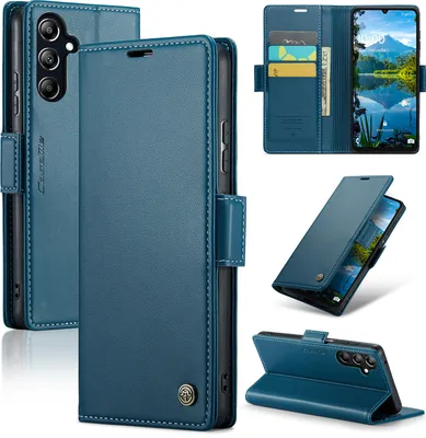 A collage of images showing a blue leather phone case for a Samsung Galaxy A16, with various angles and views, including card slots and a stand function.