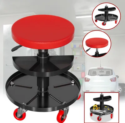 Obrázek produktu pro UISEBRT Výškově nastavitelná dílenská stolička 41-51 cm s kolečky, ergonomická dílenská židle s 360° kolečky, 2 zásobníky na nářadí do 130 kg