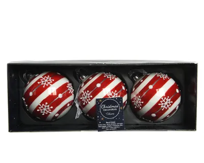 Produktbild von Weihnachtskugeln Glas mit Streifen Motiv 8cm rot / weiß, 3er Set