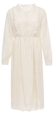 Produktbild von Beiges Damen Maxikleid mit V-Ausschnitt, langen Ärmeln, Blumenstickerei und Rüschen