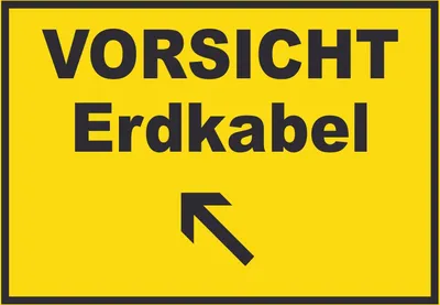 Produktbild von Vorsicht Erdkabel mit Richtungspfeil links oben Schild A2 Rückseite selbstklebend
