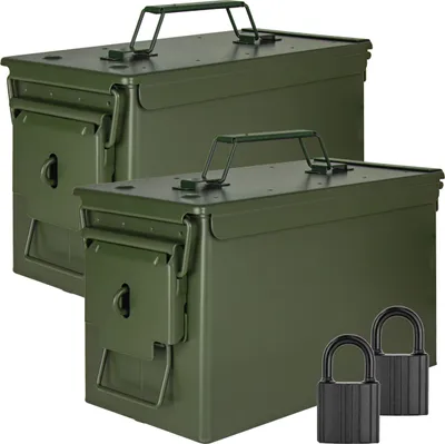 Obrázek produktu pro Sada Trucky 2x bedna na munici se zámkem Ammo Box Kovová bedna Kovová bedna Bedna na munici Úložná bedna s víkem 31 x 16 x 19 cm Armádní zelená Kov