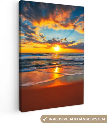 Produktbild von MuchoWow® - Leinwandbilder - Meer - Sonnenuntergang - Strand - Wolken - Orange, Wandbild, Wanddeko Bilder Wohnzimmer, 40x60 cm