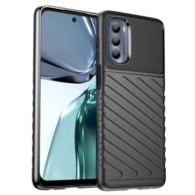 A black protective case for a smartphone is shown from a diagonal angle, with the smartphone screen visible behind it.