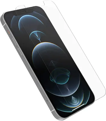 A clear screen protector is shown placed on top of an iPhone 12/12 Pro screen.