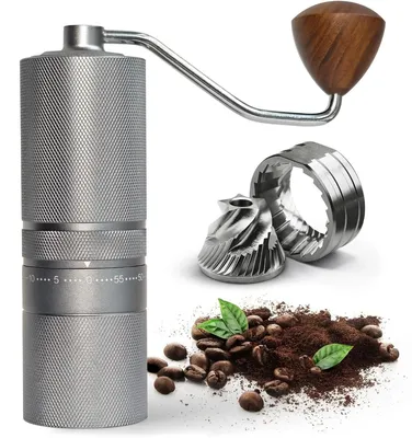 Image de INF Moulin à café manuel à manivelle avec meule CNC en acier réglable sept-étoiles, corps acier inoxydable et alliage d'aluminium, manche en bois de pêcher, réglage 6 niveaux Argent