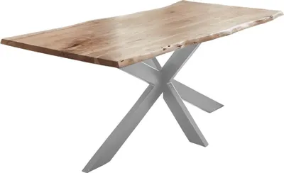 Produktbild von Esstisch Baumkante Akazie naturfarben 120 x 80 cm Spider-Gestell silber TABEA