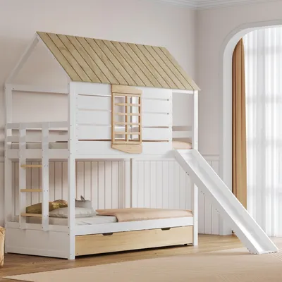 Zdjęcie produktu dla Łóżko piętrowe 90x200 cm ze zjeżdżalnią, wysuwanym łóżkiem, dachem domku, barierką ochronną i oknem, łóżko dziecięce, drewno sosnowe i MDF, biało-naturalne