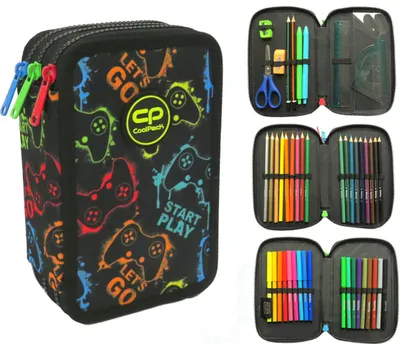 Produktbild von CoolPack XXL Federtasche, federmäppchen Jungen, Federmappe Federmäppchen groß 44-teilig mit Aufnäher gefüllte Schüleretui 3-stöckig Motiv XPLAY