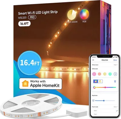 The image shows the packaging of a smart Wi-Fi LED light strip, along with a smartphone displaying the control app and a coiled light strip.
