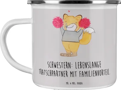 Produktbild von Mr. & Mrs. Panda Haferl Schwestern Tratschpartner - Grau Pastell - Geschenk, Emaille Tasse, Teetasse, emaillebecher, Liebe, becher, einzigartige Designs, Vertrautheit
