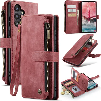 Immagine prodotto di Custodia Galaxy A55, custodia in Finto cuoio con cerniera, chiusura magnetica, tasca per carte, supporto, portafoglio, custodia protettiva per Samsung Galaxy A55 Rosso