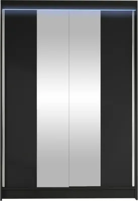 A front view of a modern black wardrobe with two mirrored doors and subtle LED lighting at the top.