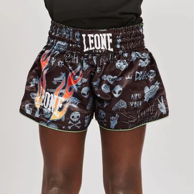 Zdjęcie produktu dla Spodenki kickboxing Leone Flames czarne rozmiar S