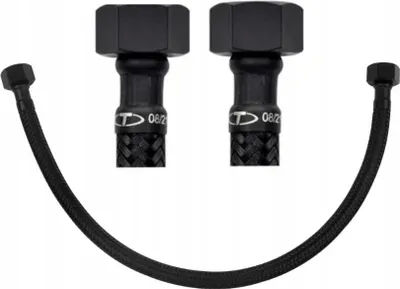 Two black braided hoses with black fittings are laid out in a U-shape on a white background.