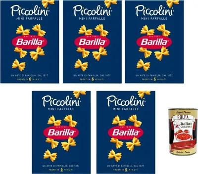 Produktbild von Barilla Piccolini Mini Farfalle – kleine Schmetterlings-Pasta für Kinder & schnelle Küche – Kochzeit 6 Min – 100% Hartweizengrieß – ideal für Saucen, Salate & Suppen 5x 500g + Italian Gourmet polpa