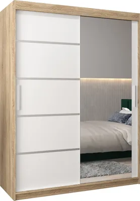 A bedroom scene reflected in a mirrored wardrobe.