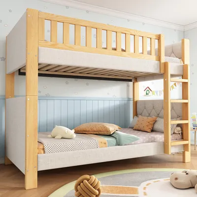 Produktbild von STILVORA Etagenbett 90x200 cm mit weicher Antikollisions-Schwammkante und vierstufiger gerader Treppe, Kinderbett mit stabilen Lattenrosten, Hochbett in Grau und Natur
