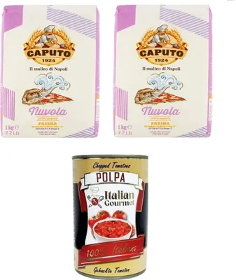 Produktbild von 2x Farina Molino Caputo Nuvola Pizza Napoli Pizzamehl für leichten teig 1kg und Italian Gourmet Polpa di pomodoro Fein gehacktes Tomatenmark 1x 400g