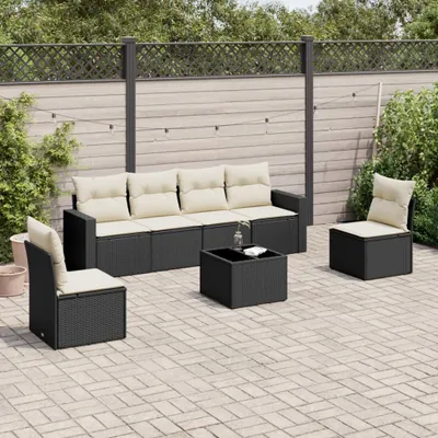 Produktbild von Design 7-tlg. Garten-Sofagarnitur mit Kissen Schwarz Poly Rattan, Gartenmöbel-Sets 2024 Neu