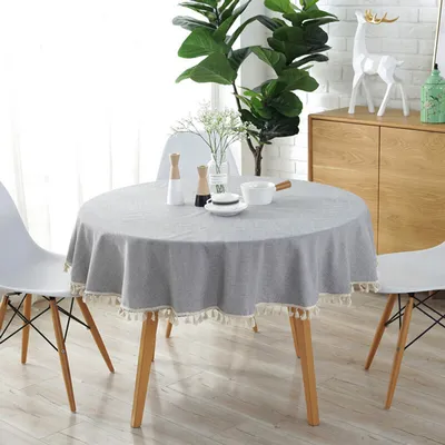 Obrázek produktu pro Kulatý ubrus, bavlněný lněný ubrus se střapcem pro kuchyňský jídelní stůl (průměr: 150 cm/světle šedá)