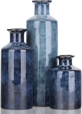 Produktbild von Famanu Set Keramische Vasen: 3 Kleine Vasen in Blau – Elegante Wohnraumdekoration
