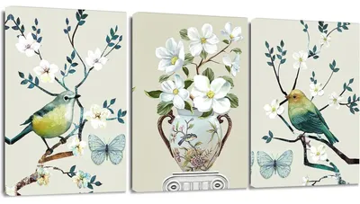Produktbild von 3-teiliges Leinwandbild mit Blumen und Vögel Motiv 30 x 40 cm