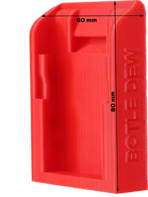 A red 3D printed battery holder with dimensions indicated.