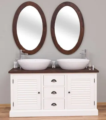Image de Casa Padrino Ensemble de salle de bain de style rustique blanc / brun foncé - 1 double vasque & 2 miroirs muraux - Meubles de salle de bain en bois massif de style rustique