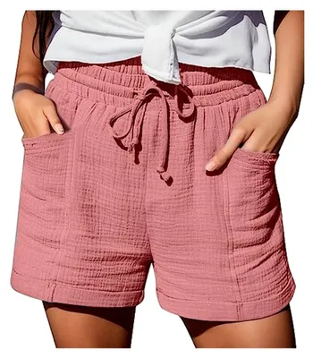Produktbild von Weiße Shorts für Damen, Kurze Hose in Schwarz für Damen, Elastische Laufshorts, Hochtaillierte Strandshorts, Einfarbige Damen Shorts, Weite mit Gummizug, Lockerer Yogastil