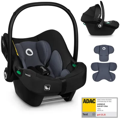 A collage of a baby car seat, its accessories, and a test rating.