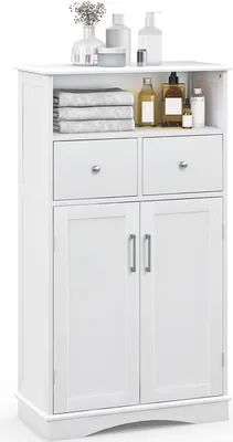 A white bathroom cabinet with two drawers and two doors, displayed against a white background.