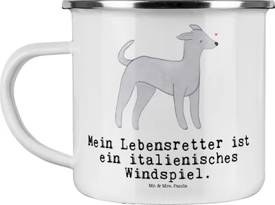 Produktbild von Mr. & Mrs. Panda Haferl Italienisches Windspiel Lebensretter - Weiß - Geschenk, Teetasse, Windhund, Emaille Becher, Outdoor Tasse, Pott, Italian Greyhound, Motivtasse