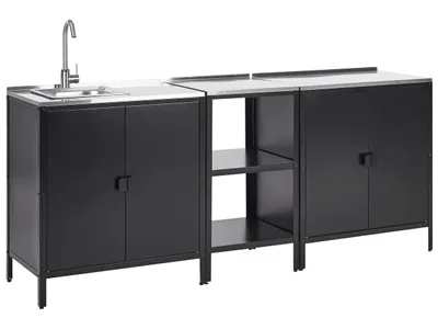 Produktbild von BELIANI Outdoor-Küche Schwarz Stahl 3er Set mit Spüle Edelstahlplatte Modern für Garten Draußen Ausstattung Outdoor-Küchenmöbel Gartenküche