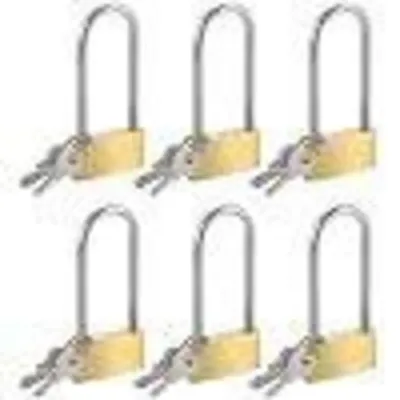 Productafbeelding van 6 messing hangsloten, lange beugel (69x32 mm), waterdicht, roestvrij, met identiek slotmechanisme
