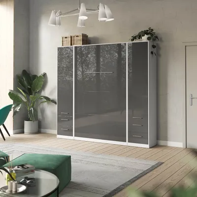 Produktbild von SMARTBett Wohnwand  Set mit Schrankbett Standard 140x200 Vertikal + 2 x 50-Schränke Weiß/Anthrazit Hochglanz