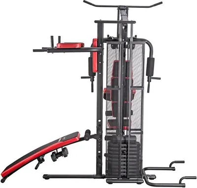 A multi-gym fitness machine with a bench and weight stack, shown against a white background.