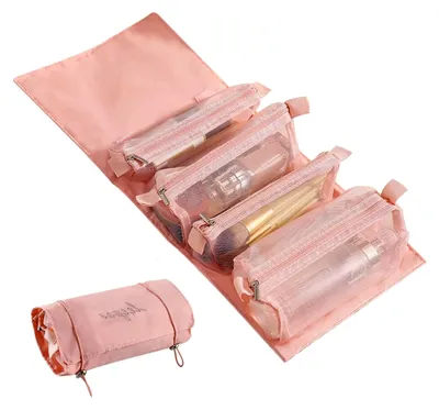 Produktbild von 4-in-1 Große Tragbare Kosmetiktasche, Kleine Schminktasche mit Fächern, Abnehmbare und Multifunktionale Faltbare Rosa Kosmetiktasche für Zuhause und Unterwegs