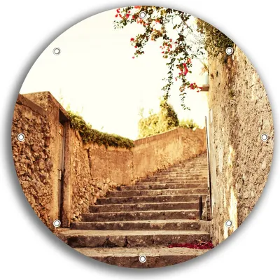 Produktbild von Wallario rundes Outdoor-Poster für Garten oder Balkon, Motiv Steinerne Treppe in Italien, 30 cm Durchmesser