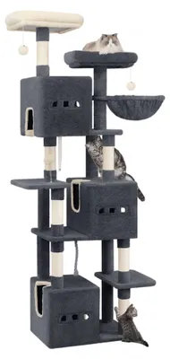 Image de Katzenbaum 193 cm - Modèle XXL - 7 plateformes - 7 poteaux à gratter - 3 cachettes - 3 jouets à suspendre - 2 plateformes - couleur grise