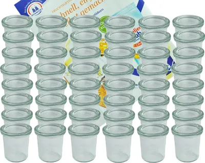 Produktbild von 48er Set Weck Gläser 140 ml Sturzgläser mit 48 Glasdeckeln incl. Diamant Gelierzauber Rezeptheft