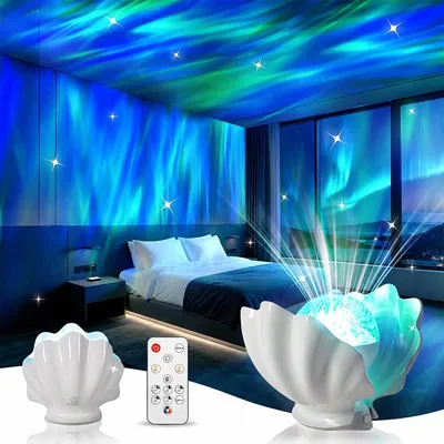 Produktbild von Nordlicht Projektor Muschel Design, Sternenhimmel Nachtlicht LED, 7 Farben, Fernbedienung & Timer, wiederaufladbar, für Schlafzimmer & Kinderzimmer