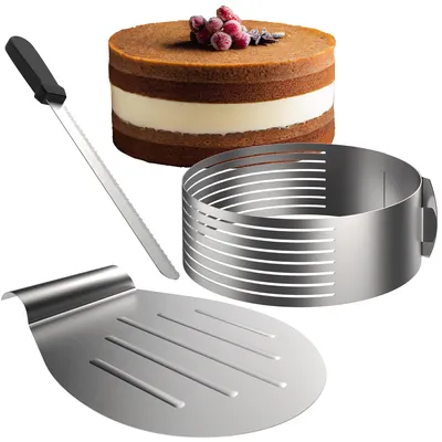 Produktbild von Lindenstein Tortenboden Schneidehilfe Set 3-teilig aus Edelstahl, verstellbarer Tortenring  26/28 cm mit 7 Führungsschienen